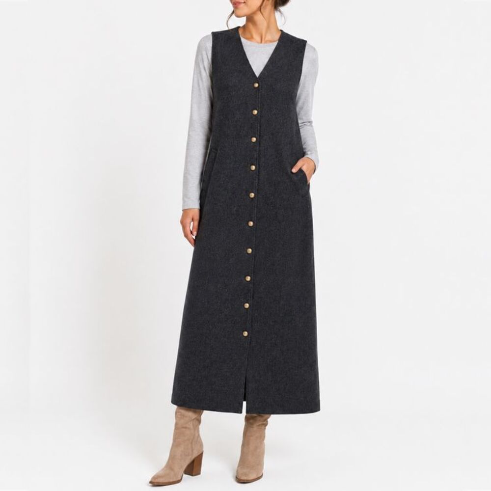 Orvis Womens 6P 100% Wool Maxi Vest Dress Charcoal Button Faux Pockets Lined